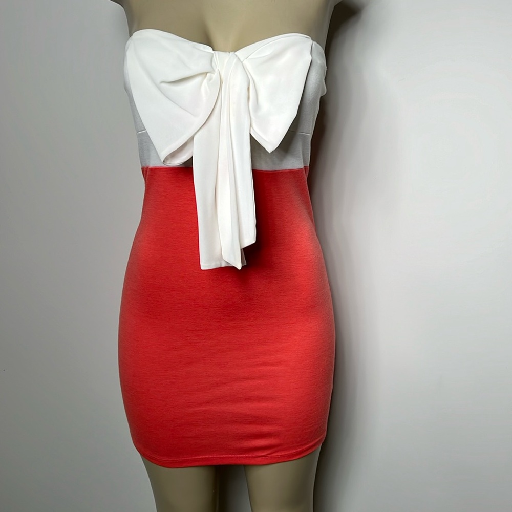 Papaya medium orange and white mini dress with bow detail